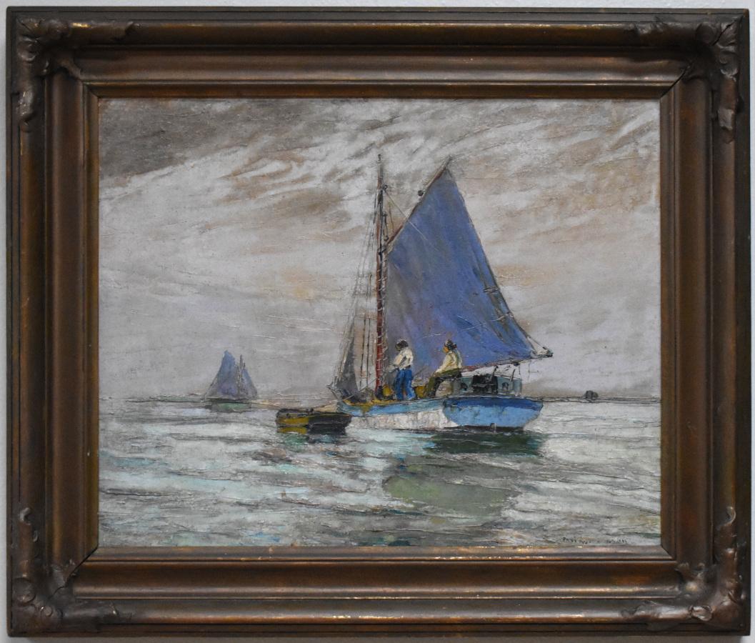 Animal Painting de Pedro Lazcano - "TARDE EN LA BAHÍA" PAISAJE MARINO ESCENA DE VELERO PAUL SCHUMANN MURIÓ EN 1946