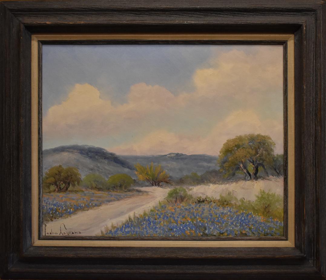Pedro Lazcano Landscape Painting - "BLUEBONNET AND HUISACHE" TEXAS HILL COUNTRY FRAMED 23 X 27