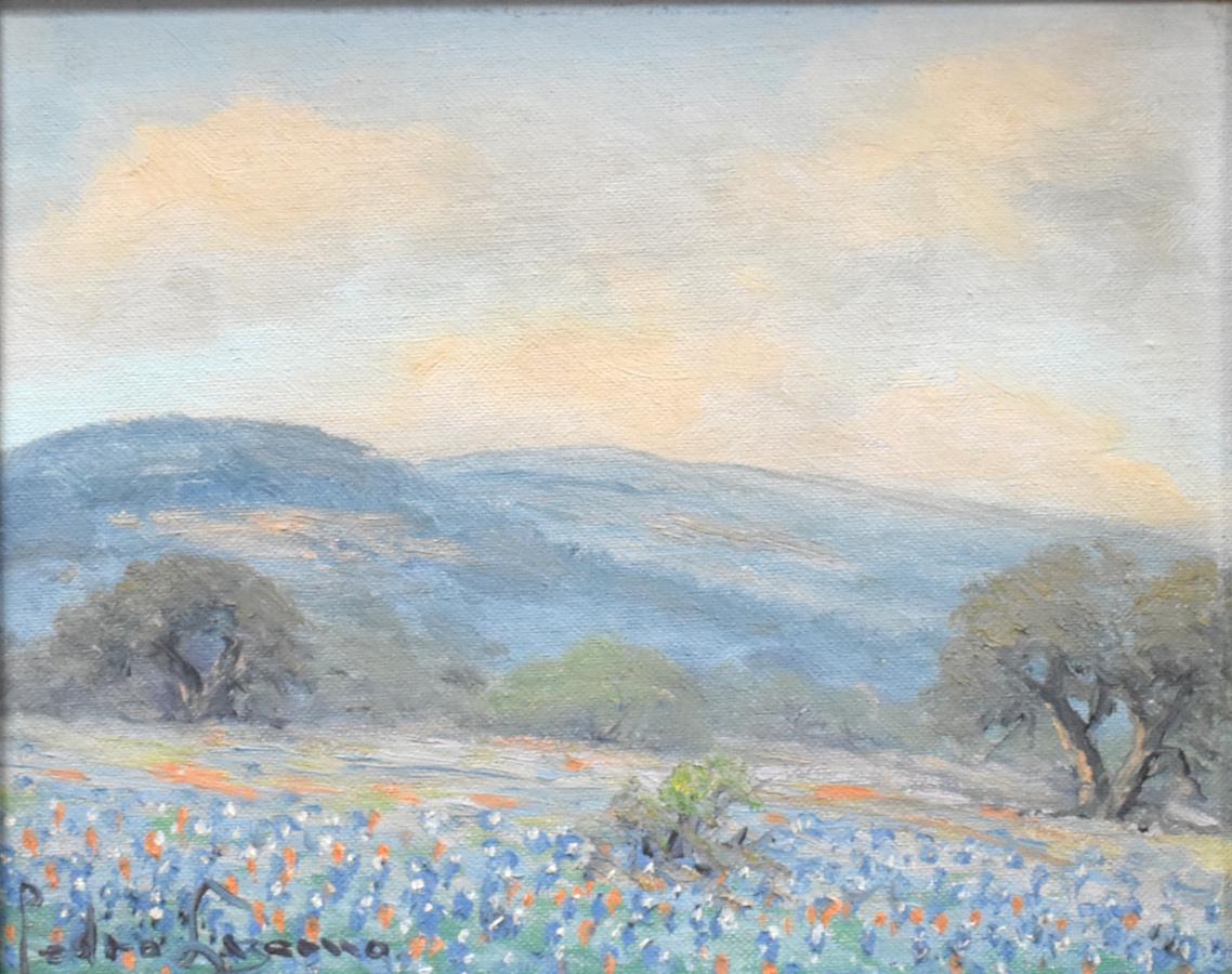 „BLUEBONNET HILL“ TEXAS HILL COUNTRY FRAMED 15,75 X 17,75 – Painting von Pedro Lazcano