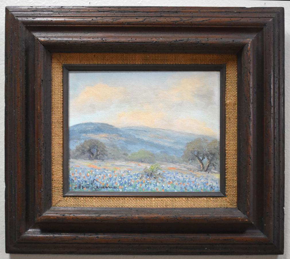 Pedro Lazcano Landscape Painting - "BLUEBONNET HILL" TEXAS HILL COUNTRY FRAMED 15.75 X 17.75