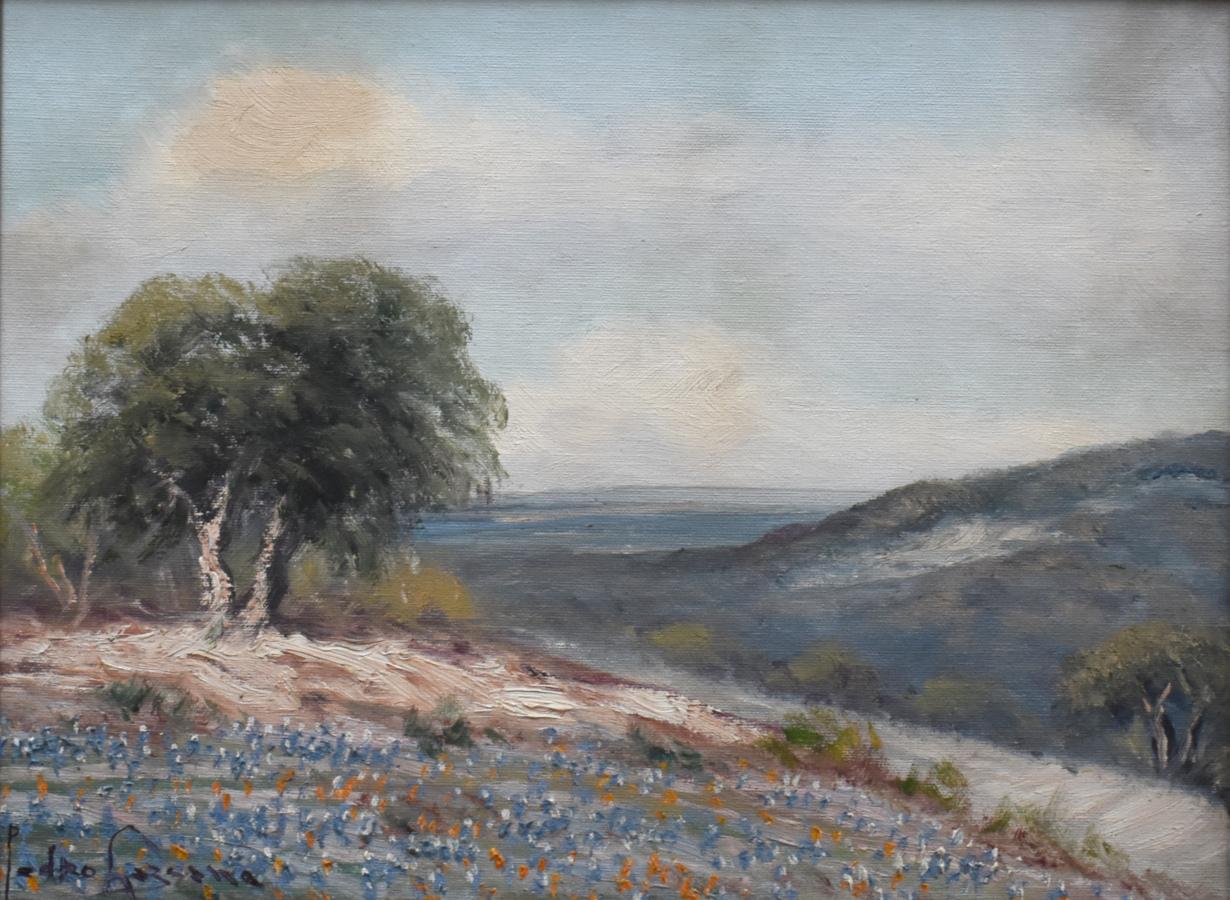 „BLUEBONNET HILLTOP“ TEXAS HILL COUNTRY FRAMED 17,25 X 21,25 – Painting von Pedro Lazcano
