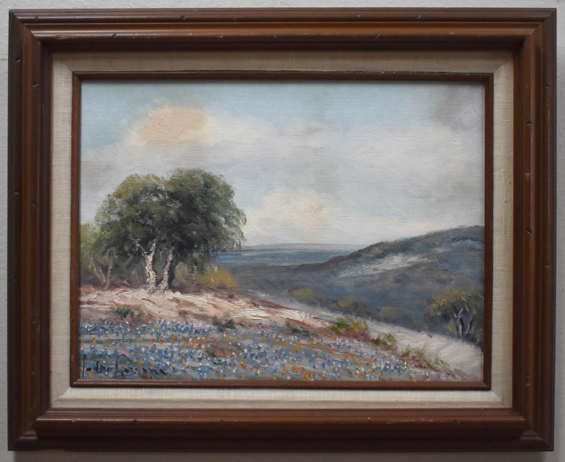 Pedro Lazcano Landscape Painting – „BLUEBONNET HILLTOP“ TEXAS HILL COUNTRY FRAMED 17,25 X 21,25