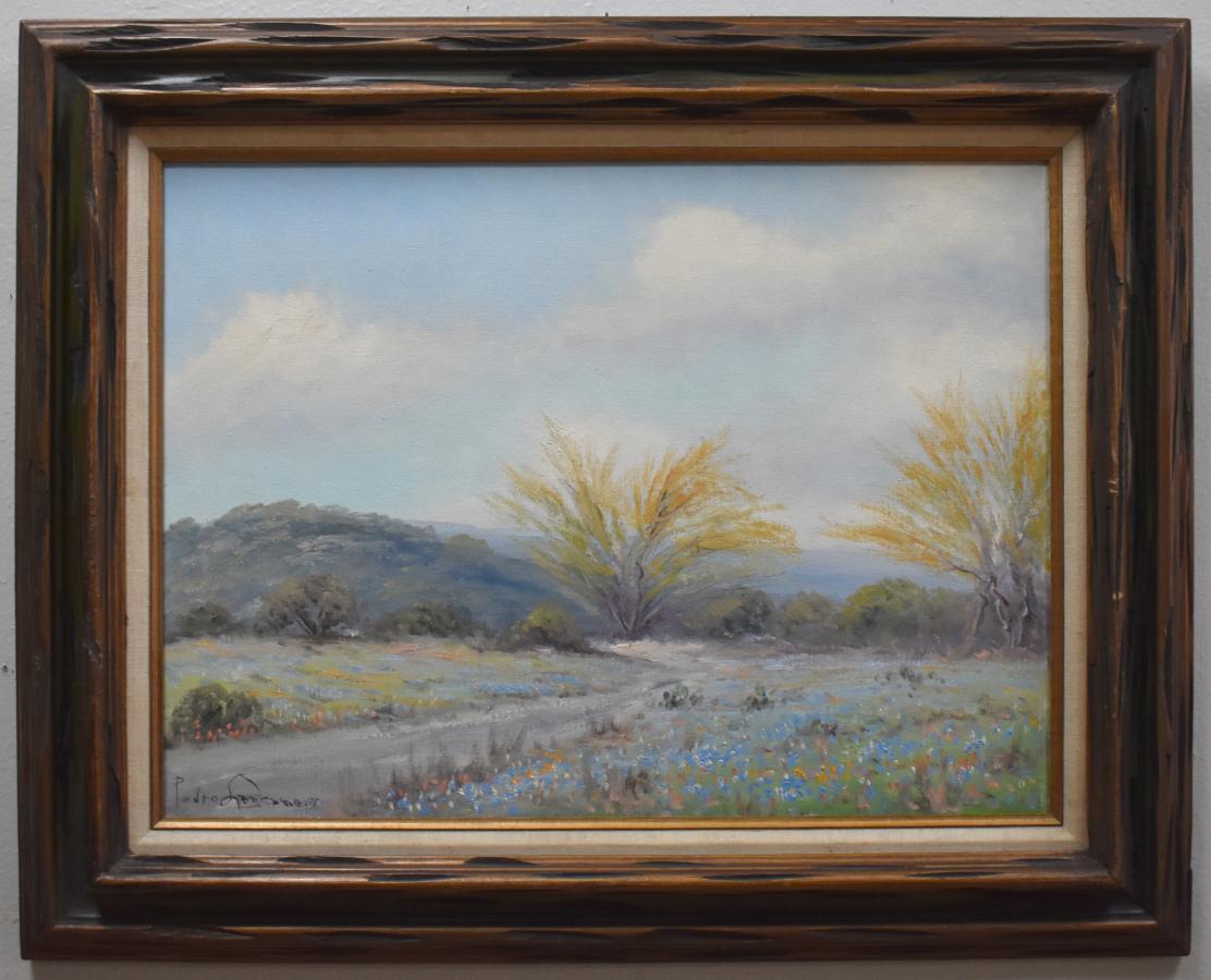 Pedro Lazcano Landscape Painting - "BLUEBONNET PATH WITH HUISACHE" TEXAS HILL COUNTRY FRAMED 25.5 X 31.5