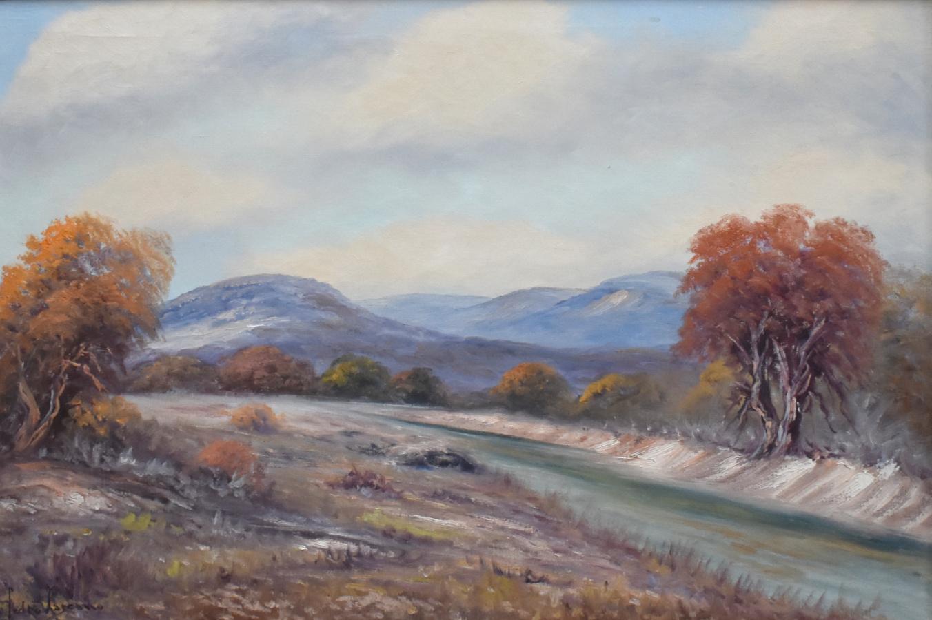 „HILL COUNTRY CREEK“ TEXAS AUTUMN FRAMED 30,5 X 42,5 – Painting von Pedro Lazcano