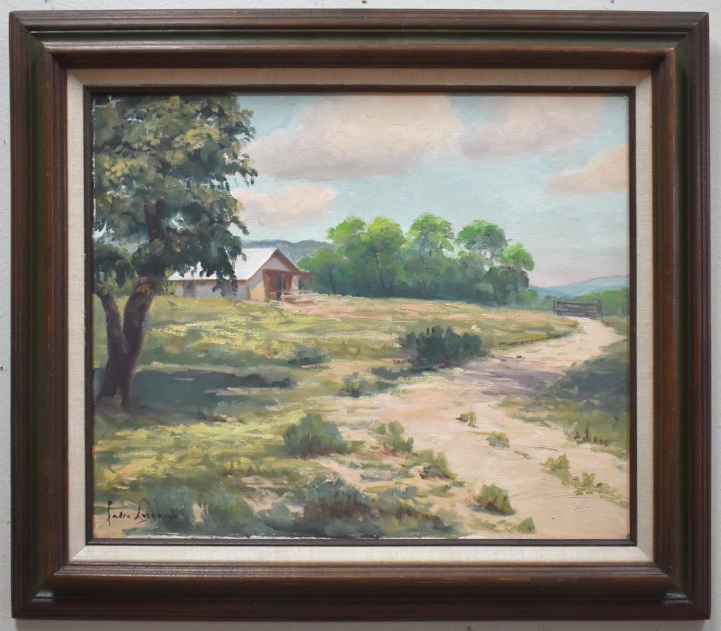 Pedro Lazcano Landscape Painting – „HILL COUNTRY HOME“ TEXAS FRAMED 27.25 X 31.25 TEXAS HILL COUNTRY 