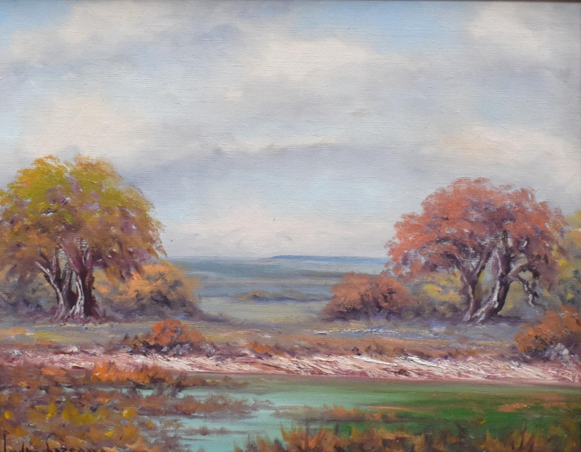 „LONG VIEW“ TEXAS LAkes AND COUNTRYSIDE FRAMED 24,75 X 28.75  texanisches Hill Country – Painting von Pedro Lazcano