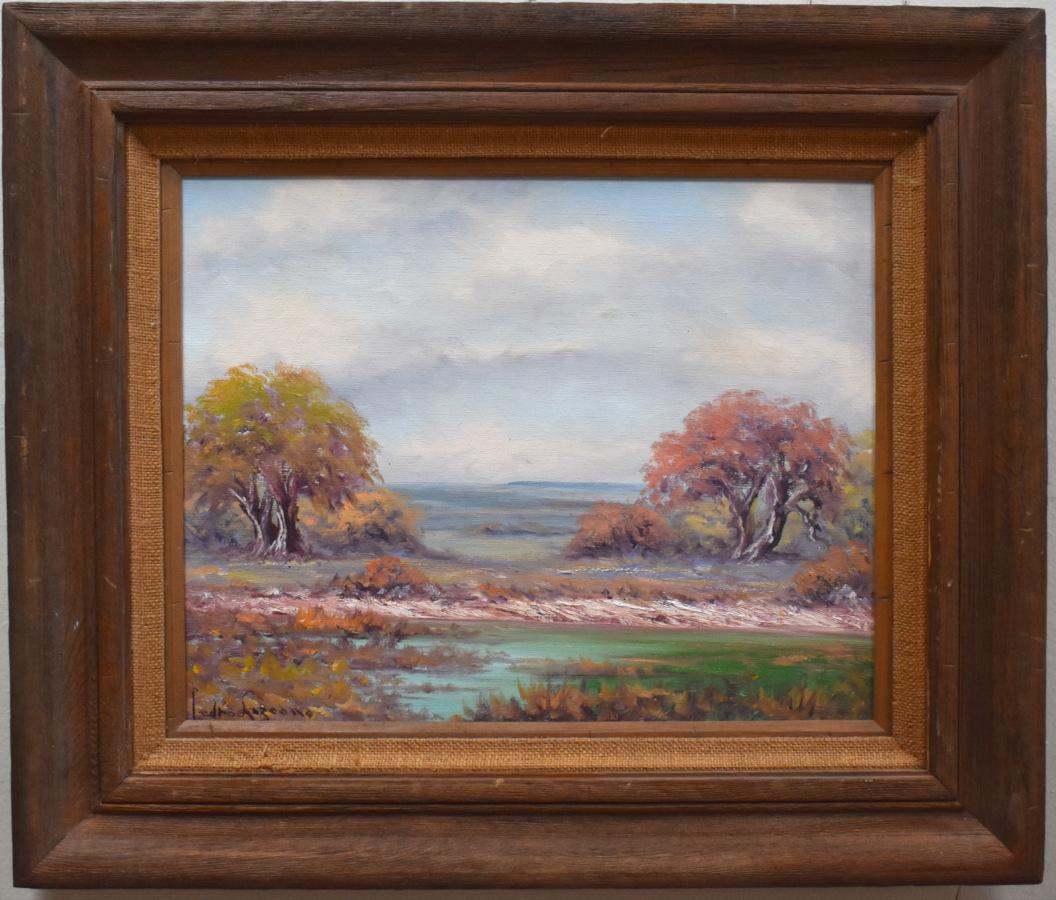 Pedro Lazcano Landscape Painting - "LONG VIEW" TEXAS LAKES AND COUNTRYSIDE FRAMED 24.75 X 28.75  Texas Hill Country