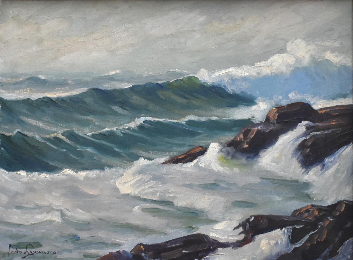 „ROUGH COAST“ SEASCAPE SHORELINE FRAMED 25 X 31 – Painting von Pedro Lazcano