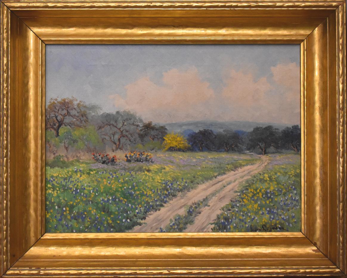 Pedro Lazcano Landscape Painting - "SPRING MIX" TEXAS HILL COUNTRY BLUEBONNETS, BLOOMING CACTUS, WILDFLOWERS