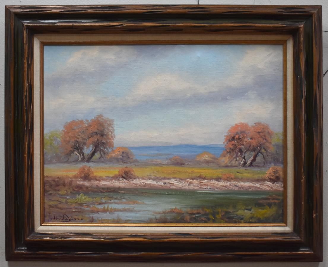 Pedro Lazcano Landscape Painting - "WATERING HOLE" TEXAS 25.5 X 31.5