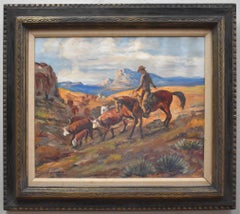 "WEST TEXAS RANCHING" HEREFORD CATTLE. RARE SUBJECT BY LAZCANO (1909-1970) HERD