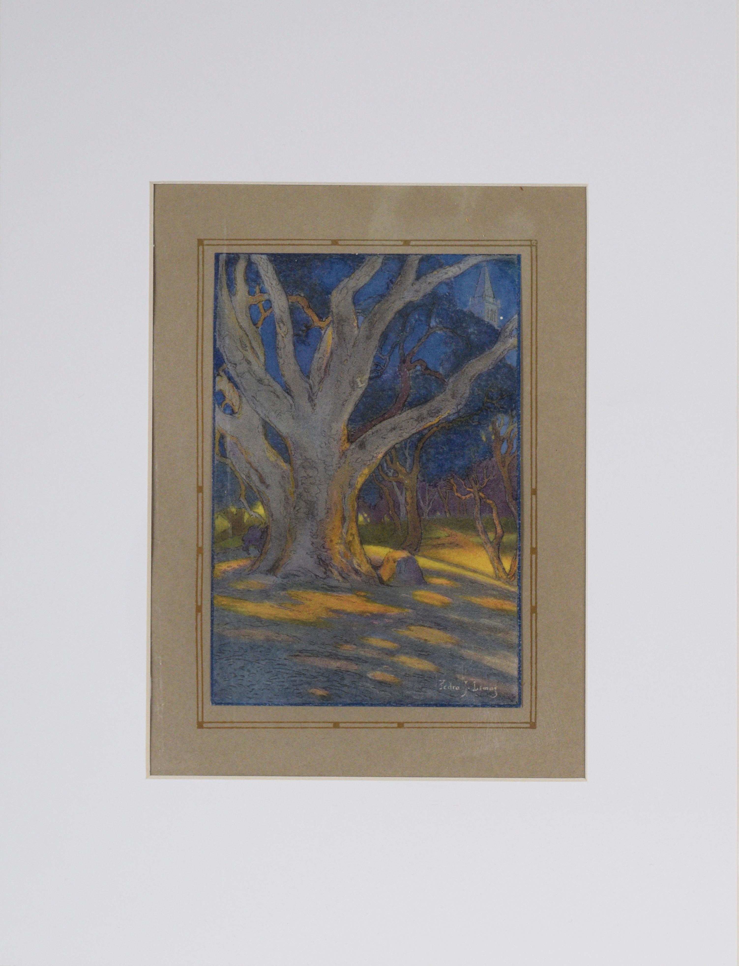 Pedro Lemos Landscape Photograph – „Henry Morse Stephens Memorial Oak“ - 1921 UC Berkeley Jahrbuch Farblithographie der UC Berkeley