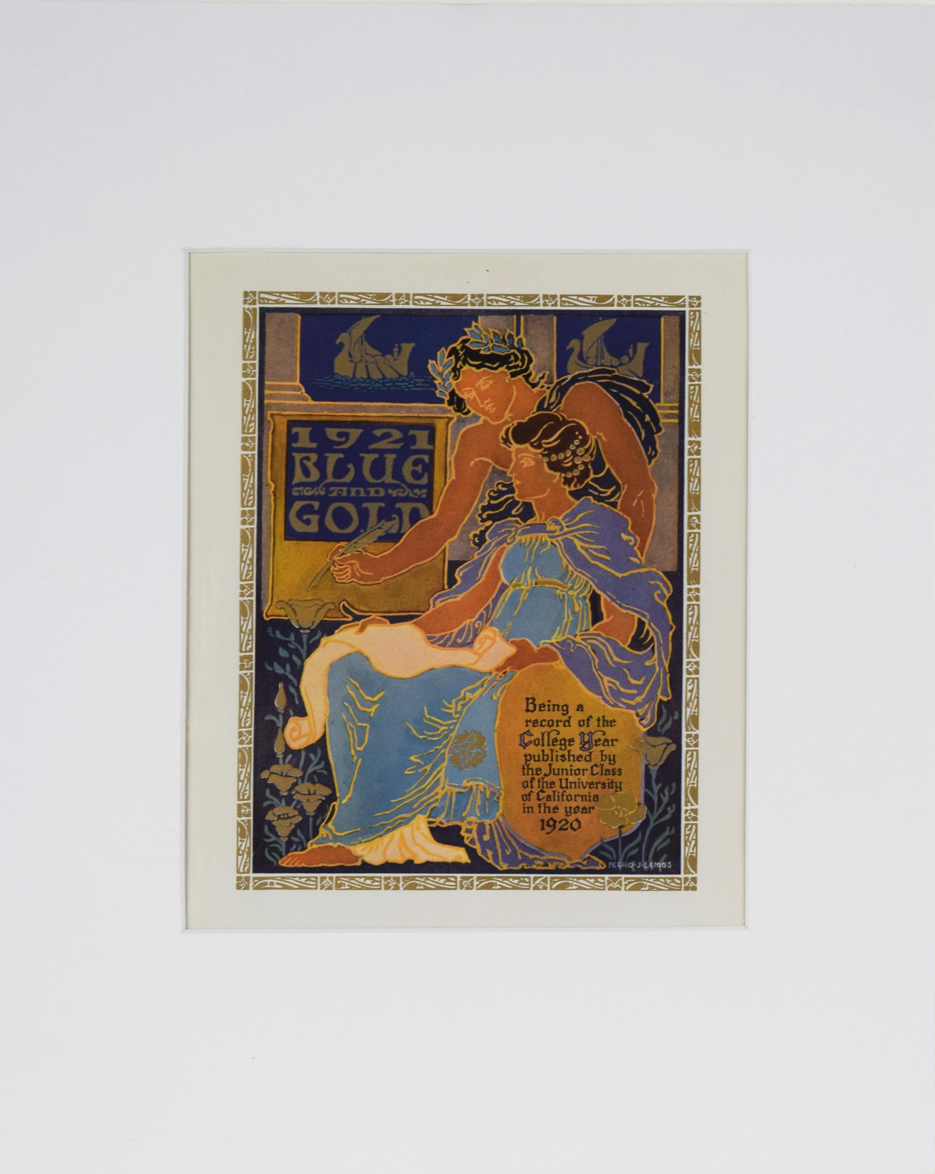 Pedro Lemos Figurative Print - "1921 Blue And Gold" - UC Berkeley Yearbook Color Lithograph