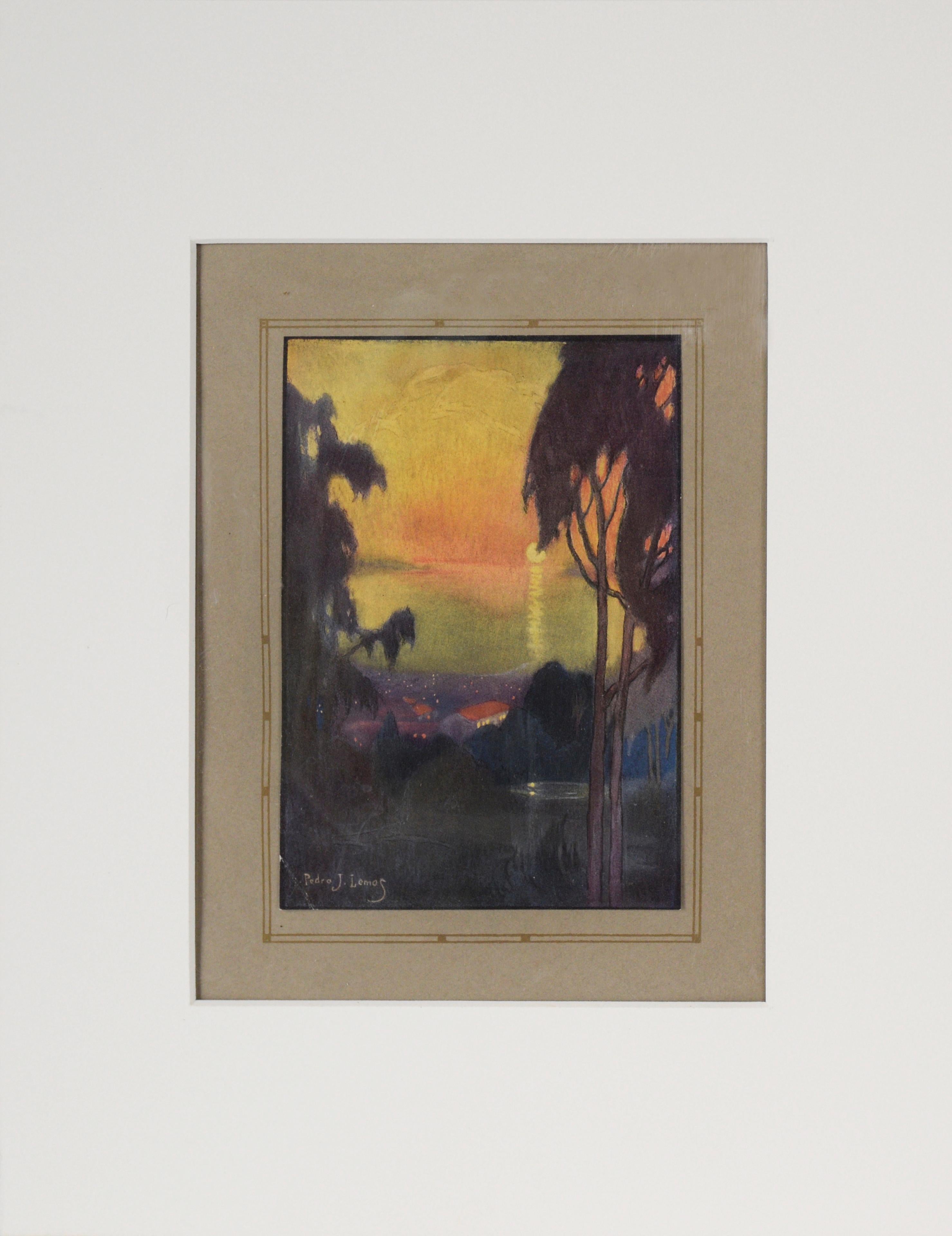 Pedro Lemos Landscape Print - "A Sunset From The Berkely Hills" - 1921 UC Berkeley Yearbook Color Lithograph