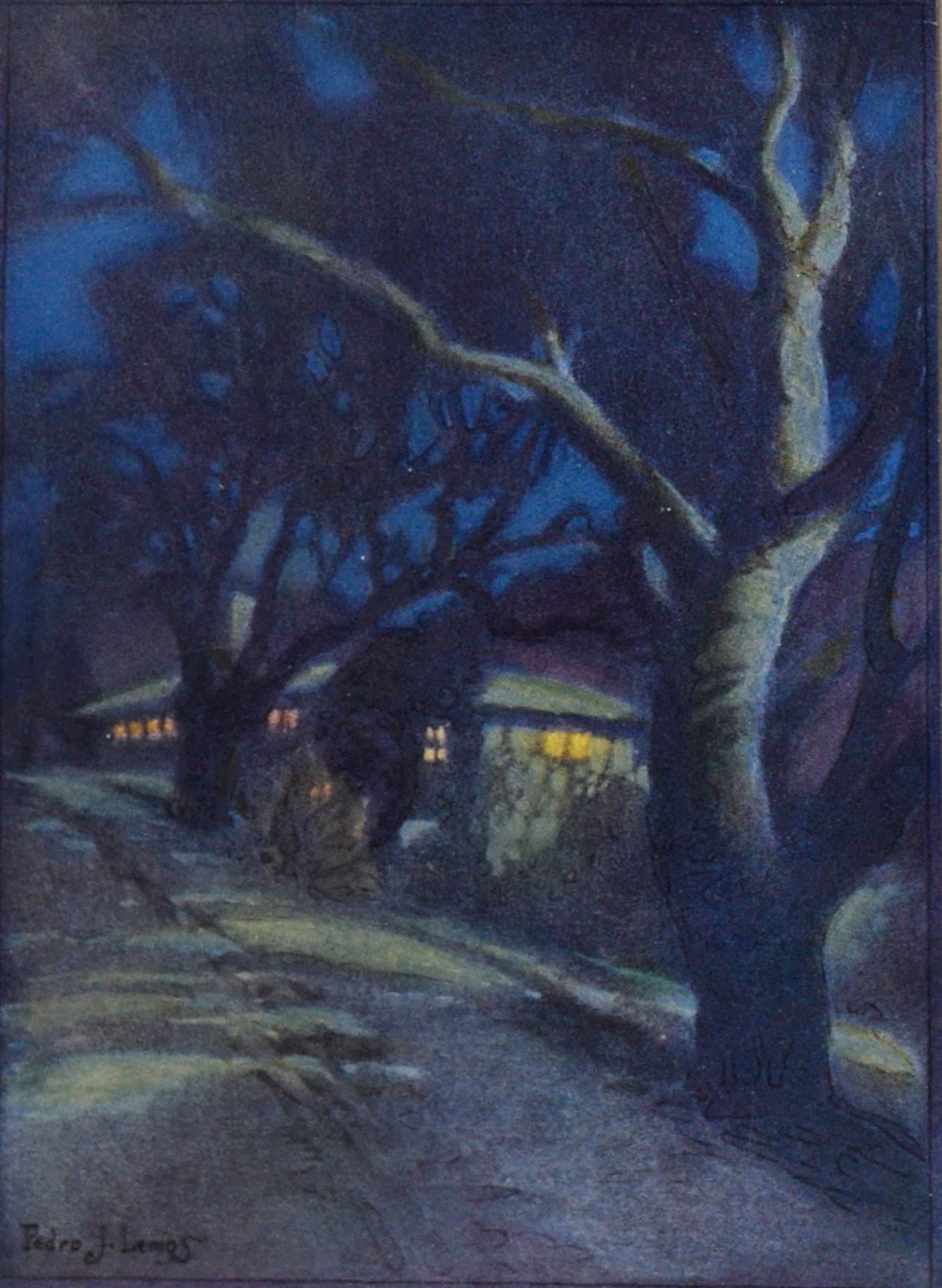 „Senior Womens Hall In The Moonlight“ 1921 UC Berkeley Jahrbuch Farblithographie der UC Berkeley – Print von Pedro Lemos