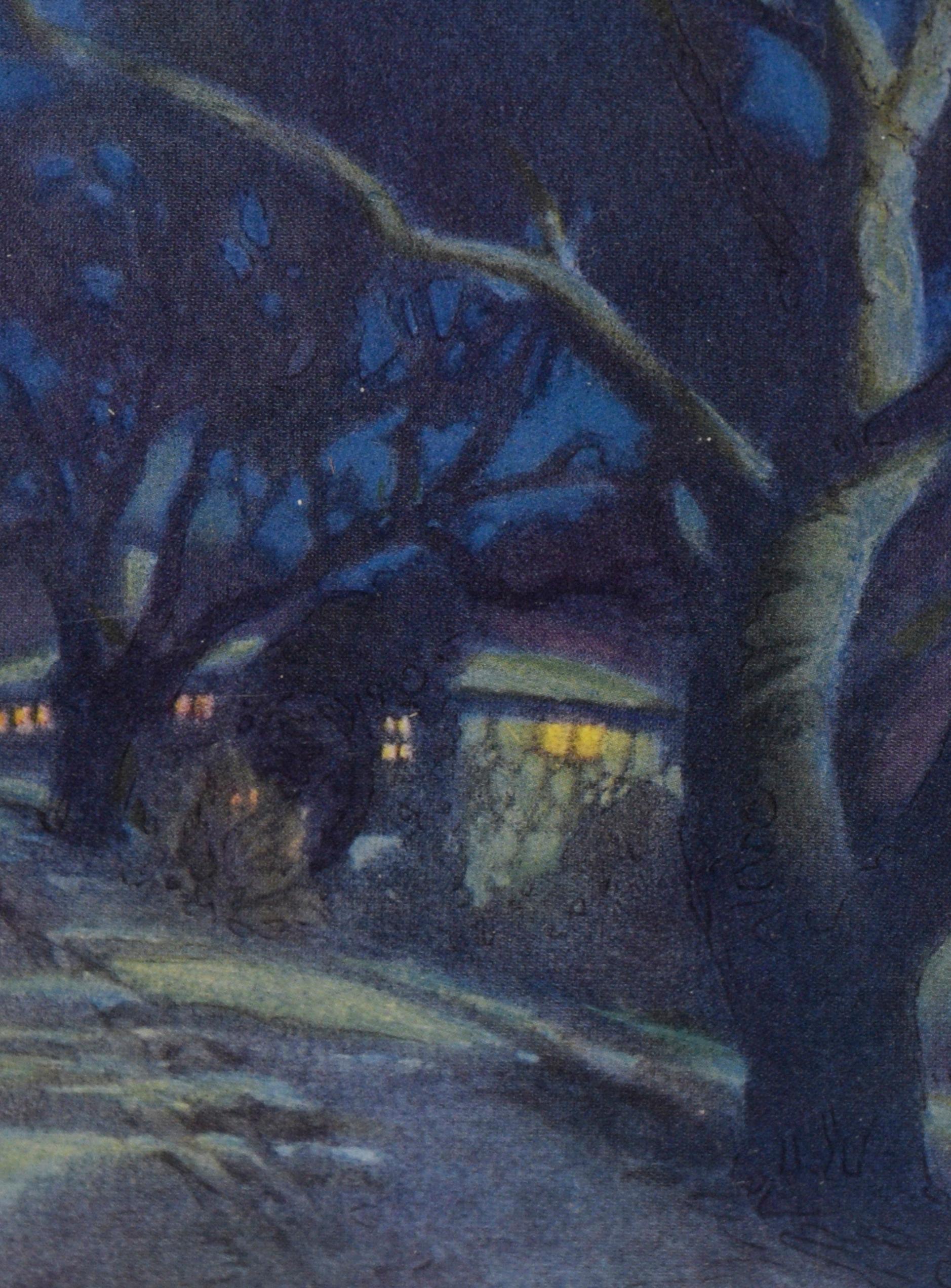 „Senior Womens Hall In The Moonlight“ 1921 UC Berkeley Jahrbuch Farblithographie der UC Berkeley (Amerikanischer Impressionismus), Print, von Pedro Lemos