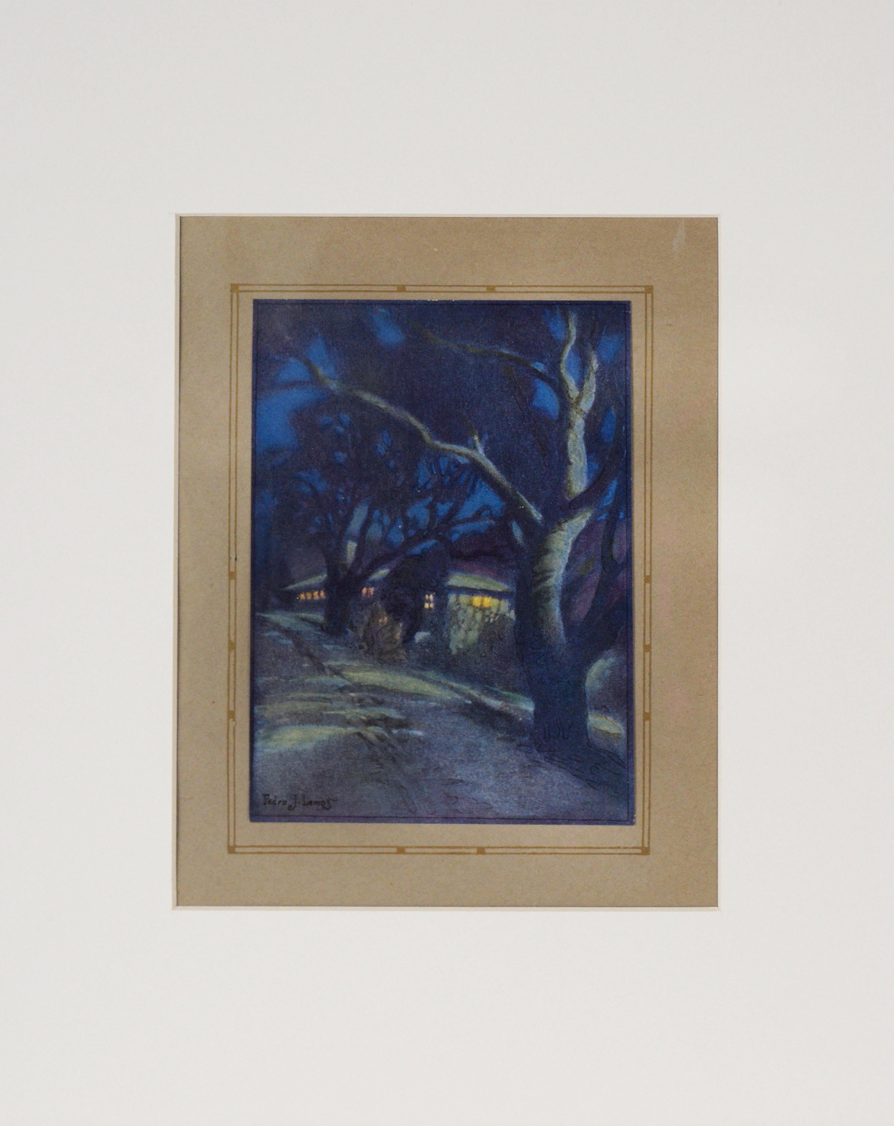 Pedro Lemos Landscape Print – „Senior Womens Hall In The Moonlight“ 1921 UC Berkeley Jahrbuch Farblithographie der UC Berkeley