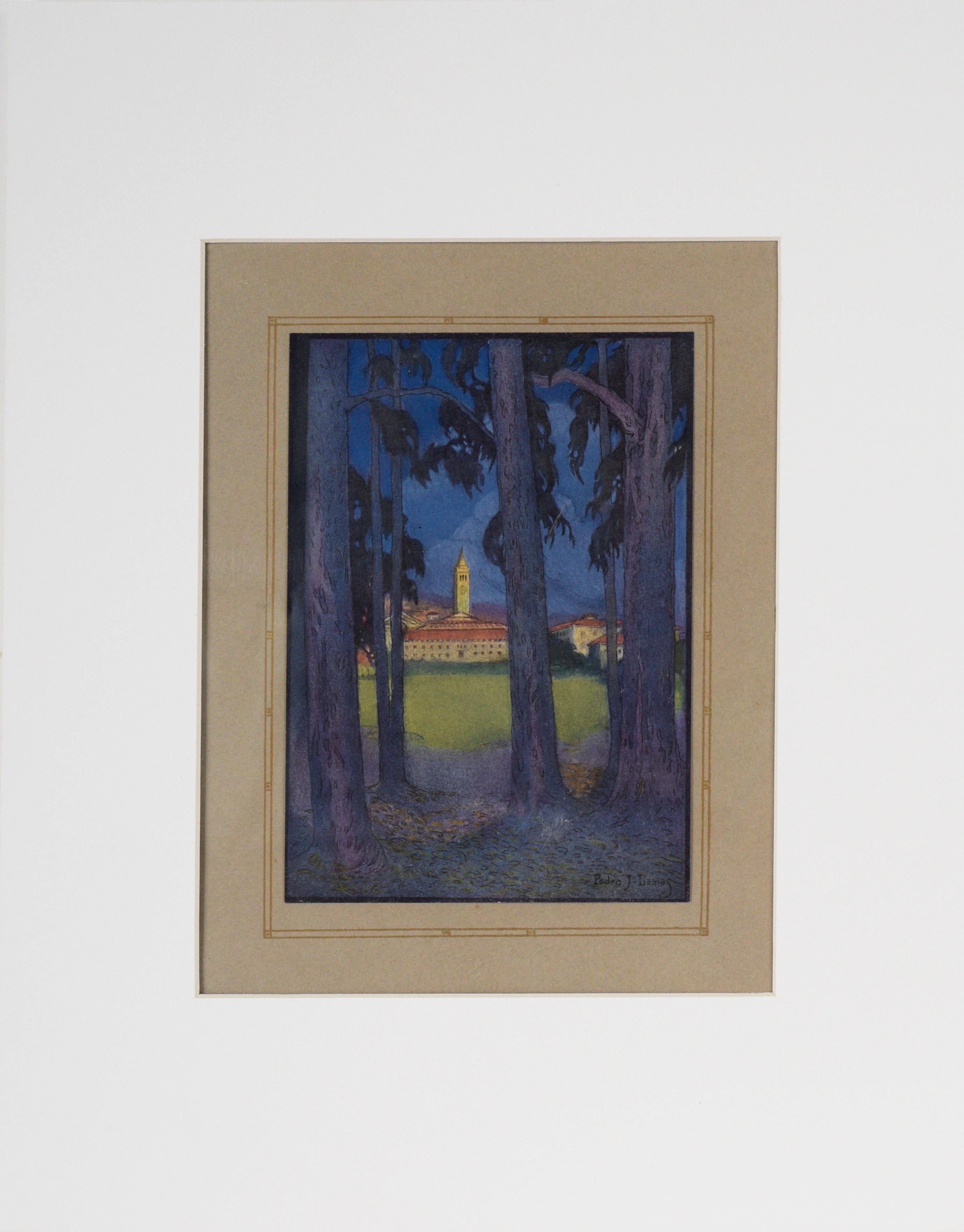 Pedro Lemos Landscape Print - "The Greater University" - 1921 UC Berkeley Yearbook Color Lithograph