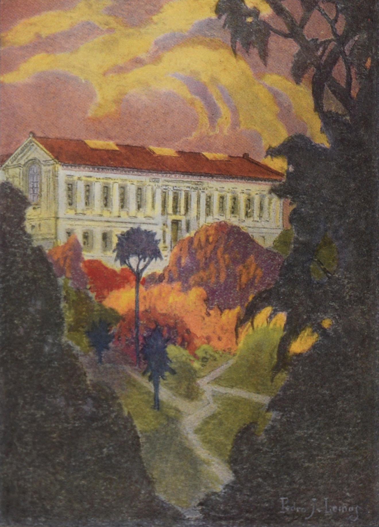 « La bibliothèque des jardins botaniques »  - 1921 UC Berkeley Yearbook Lithographie - Impressionnisme américain Print par Pedro Lemos