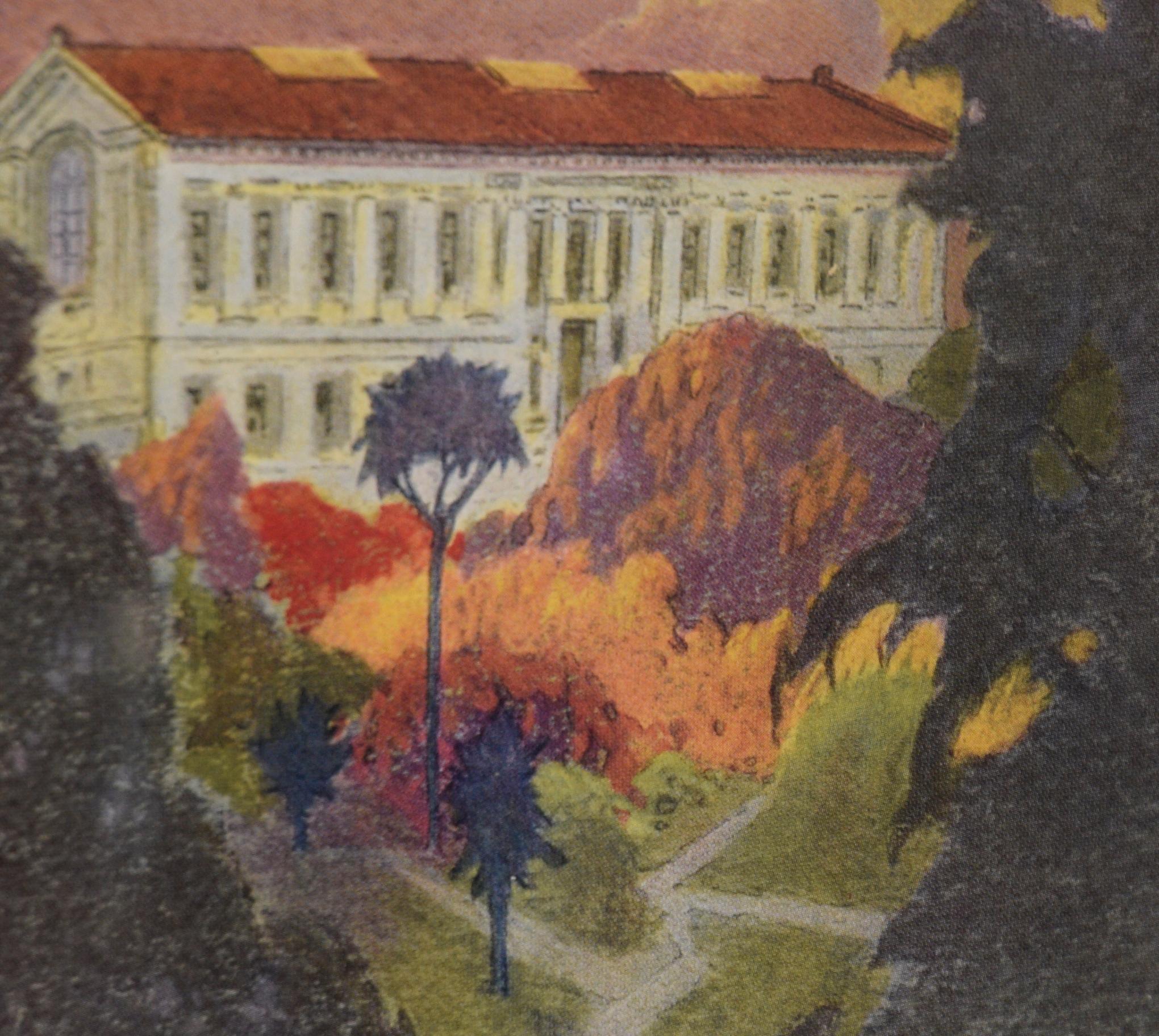 « La bibliothèque des jardins botaniques »  - 1921 UC Berkeley Yearbook Lithographie - Gris Landscape Print par Pedro Lemos