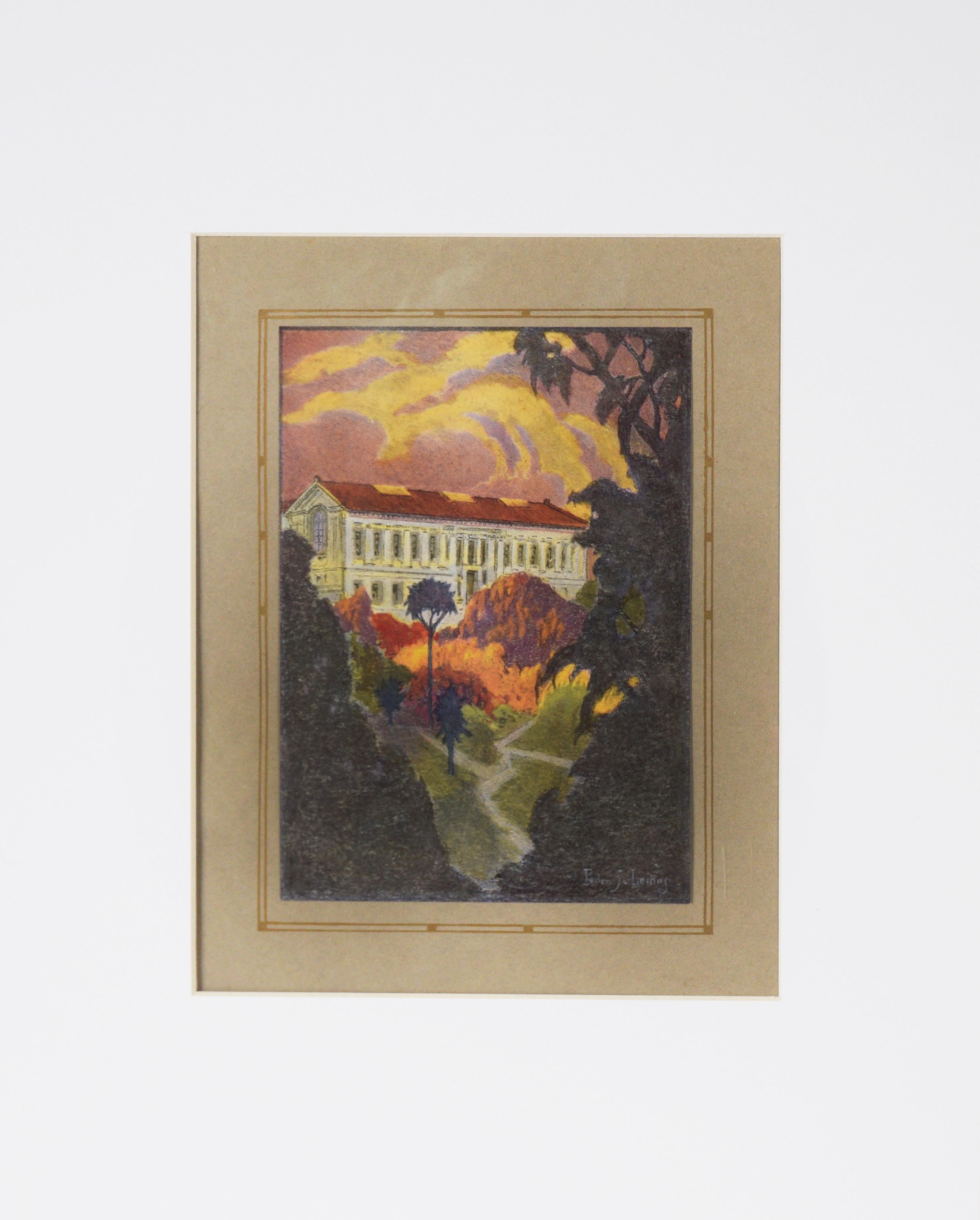 Pedro Lemos Landscape Print - "The Library From The Botanical Gardens"  - 1921 UC Berkeley Yearbook Lithograph