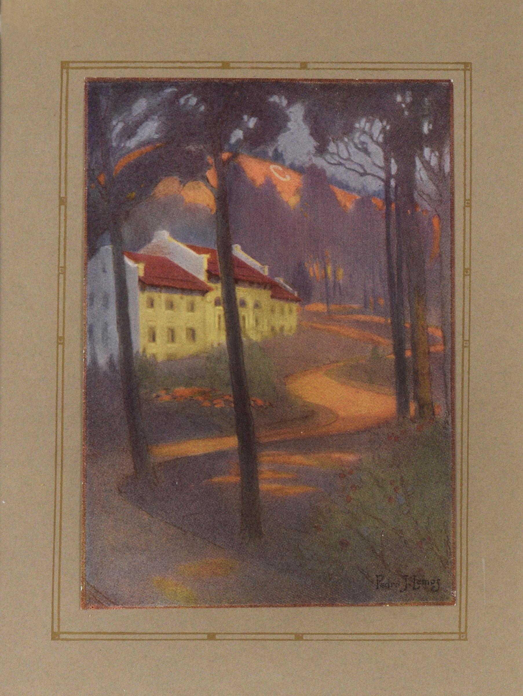 „The Mining Building From The Road“ - 1921 UC Berkeley Jahrebuch Farblithographie „The Mining Building From The Road“ – Print von Pedro Lemos