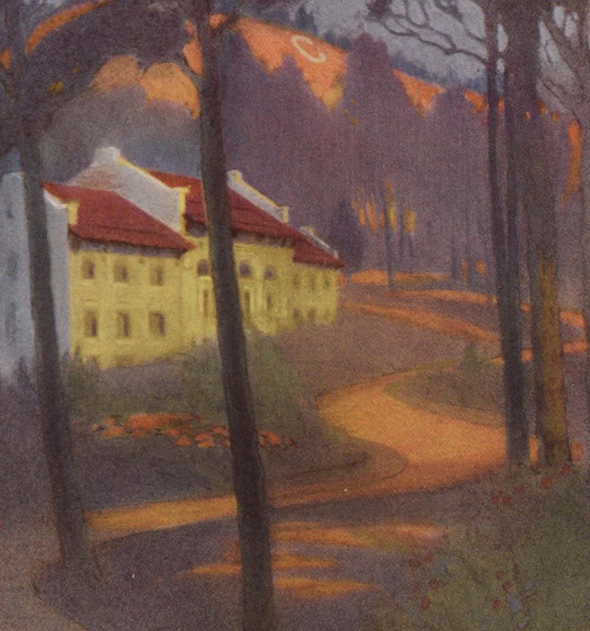 „The Mining Building From The Road“ - 1921 UC Berkeley Jahrebuch Farblithographie „The Mining Building From The Road“ (Amerikanischer Impressionismus), Print, von Pedro Lemos