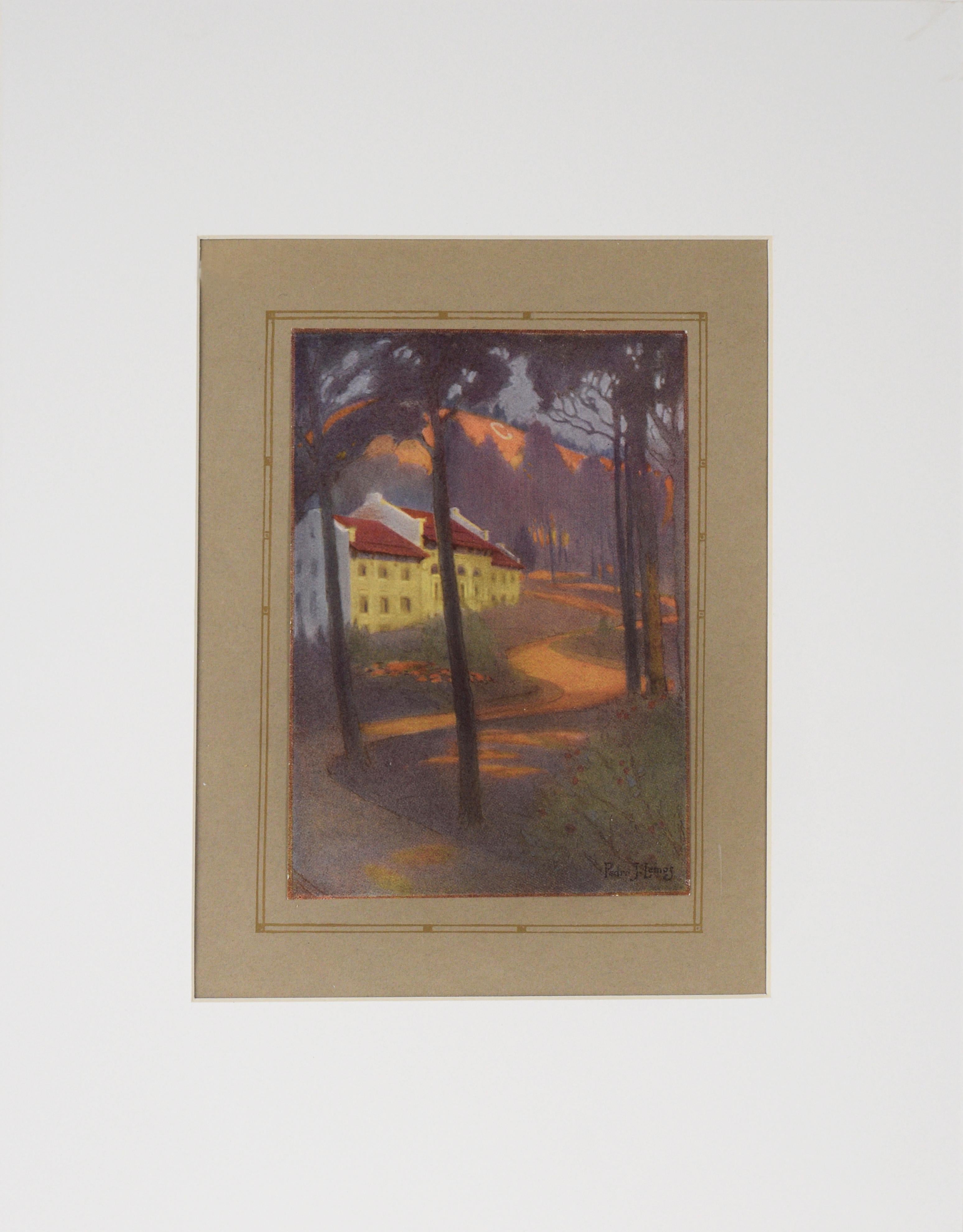 Pedro Lemos Landscape Print - "The Mining Building From The Road" - 1921 UC Berkeley Yearbook Color Lithograph