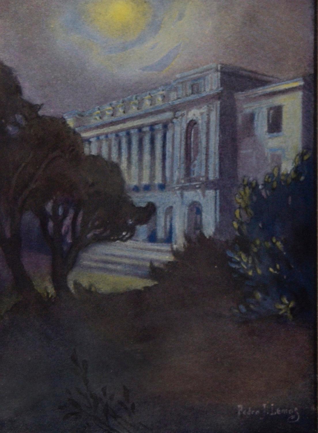 Wheeler Hall 1921 University of California at Berkeley Farblithographie der University of California  – Print von Pedro Lemos
