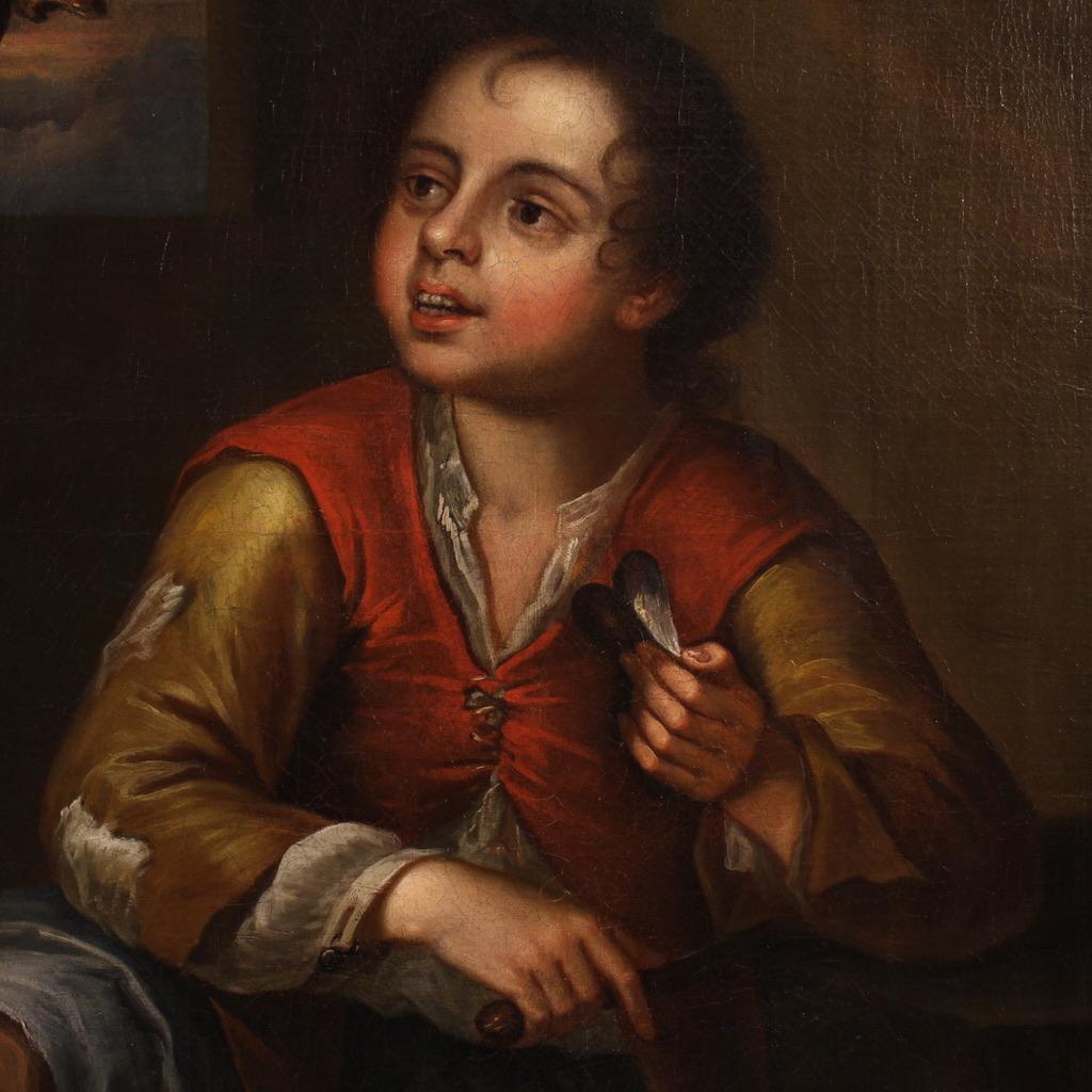 18th Century Oil on Canvas Antique Spanish Genre Scene Painting, 1740 7