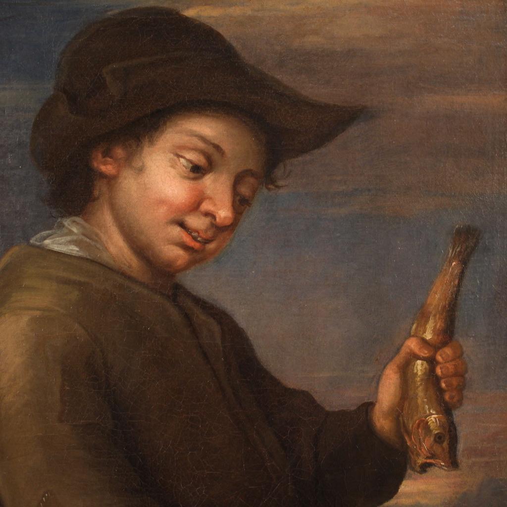 18th Century Oil on Canvas Antique Spanish Genre Scene Painting, 1740 9