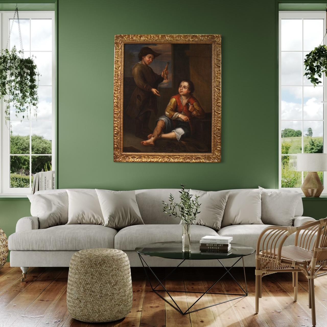 18th Century Oil on Canvas Antique Spanish Genre Scene Painting, 1740 10