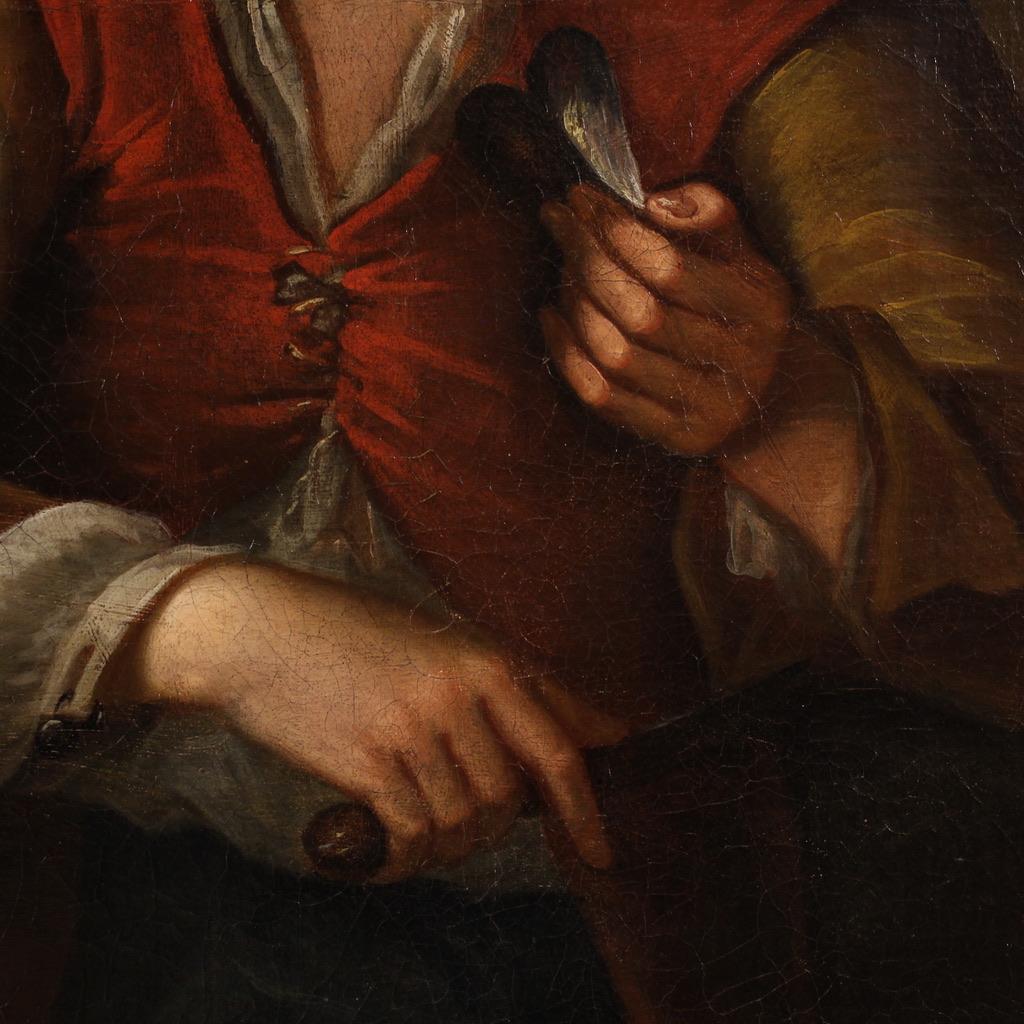 18th Century Oil on Canvas Antique Spanish Genre Scene Painting, 1740 12
