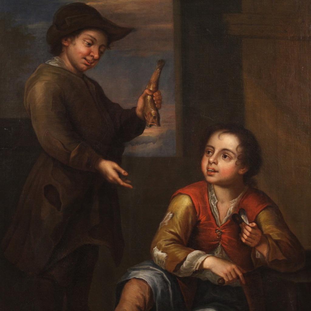 Antique Spanish painting from the first half of the 18th century. Oil on canvas artwork depicting a splendid genre scene with street children, of notable pictorial quality. Painting attributable to the circle of the Baroque painter Pedro Nunez De