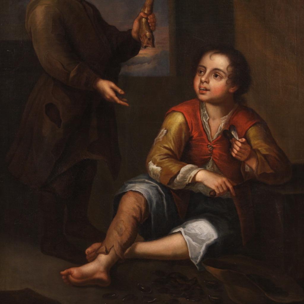 18th Century Oil on Canvas Antique Spanish Genre Scene Painting, 1740 1