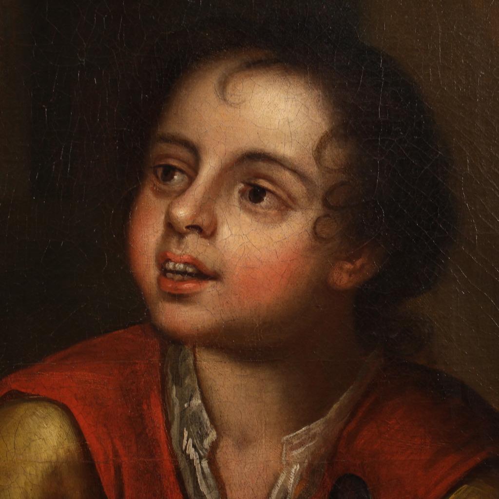 18th Century Oil on Canvas Antique Spanish Genre Scene Painting, 1740 2