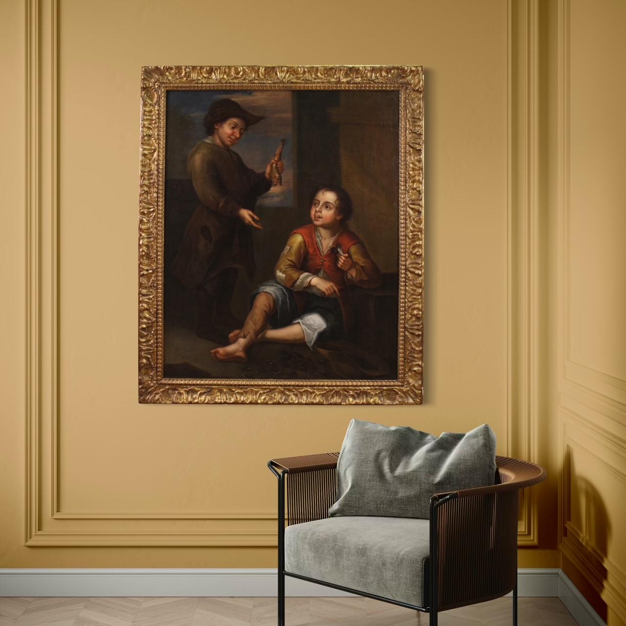 18th Century Oil on Canvas Antique Spanish Genre Scene Painting, 1740 3