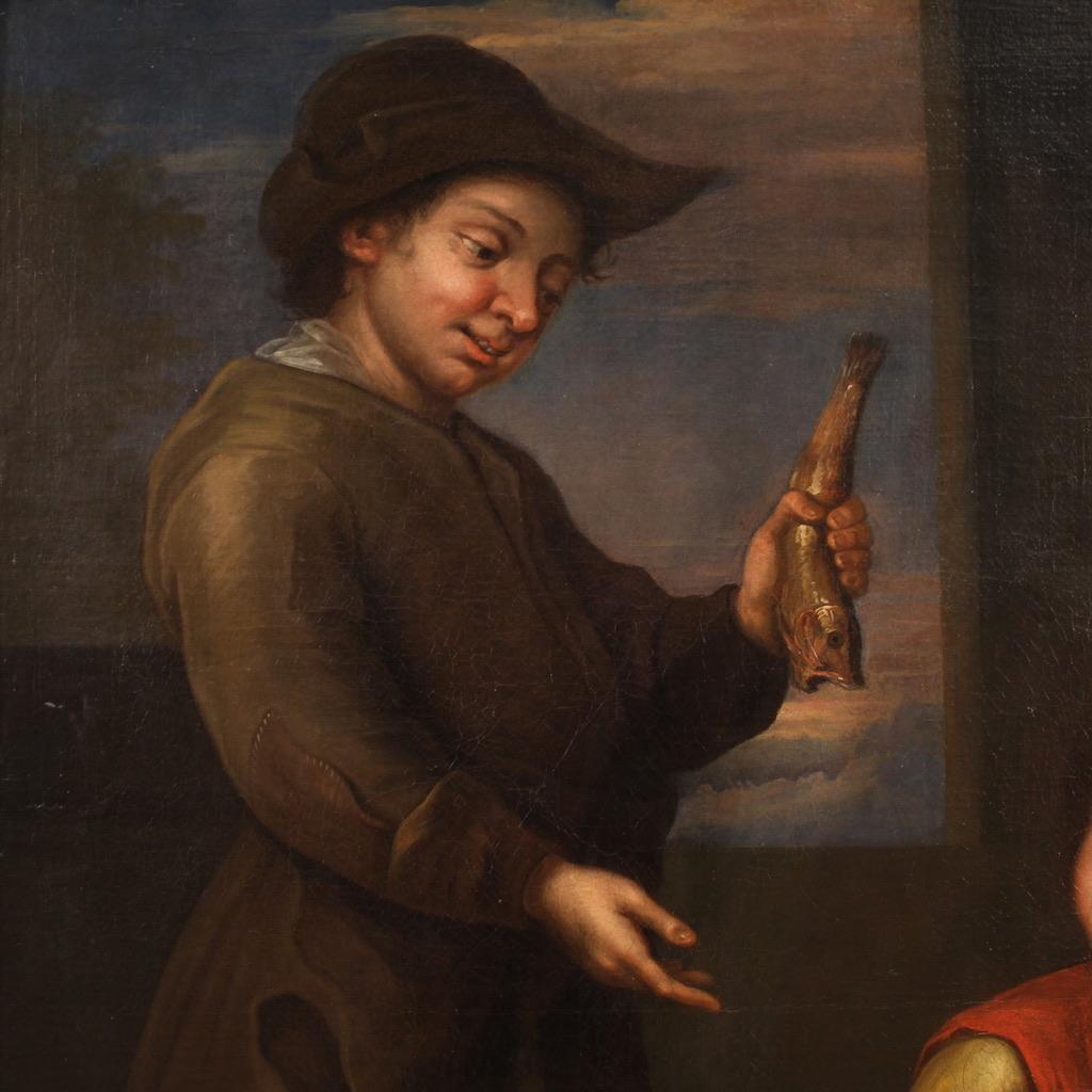 18th Century Oil on Canvas Antique Spanish Genre Scene Painting, 1740 6