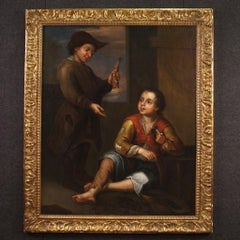 Antique 18th Century Oil on Canvas Spanish Painting Genre Scene, 1740