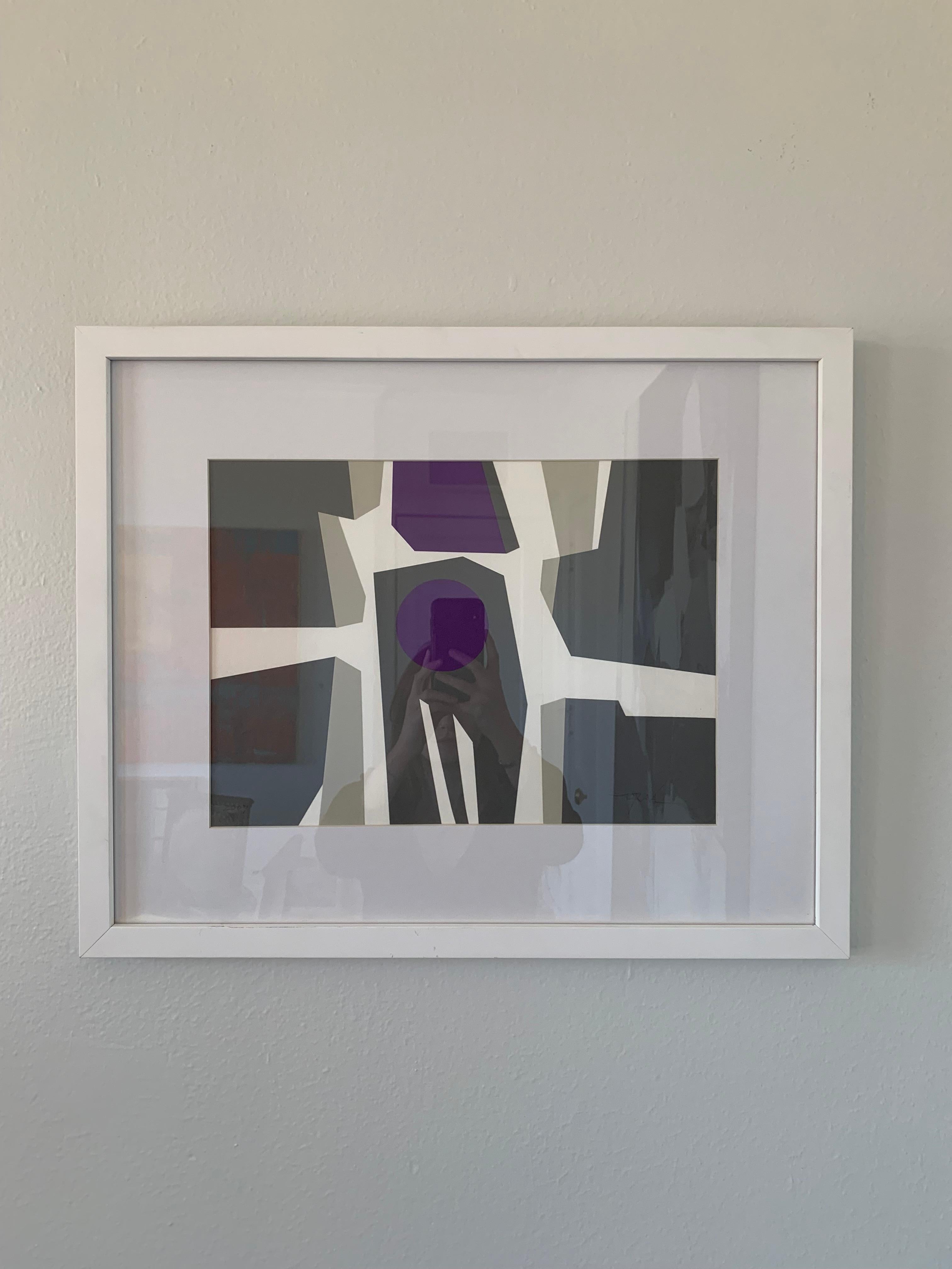 This 18" x 22" framed, geometric abstract serigraph was created by Cuban artist, Pedro Oraa, in 2007. The composition is of geometric shapes, predominantly in shades of gray, white, and purple. The central shape is a purple circle, placed within a