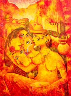 Pedro Ortegarias Familia Ciameses Peinture mixte sur toile signée 2005