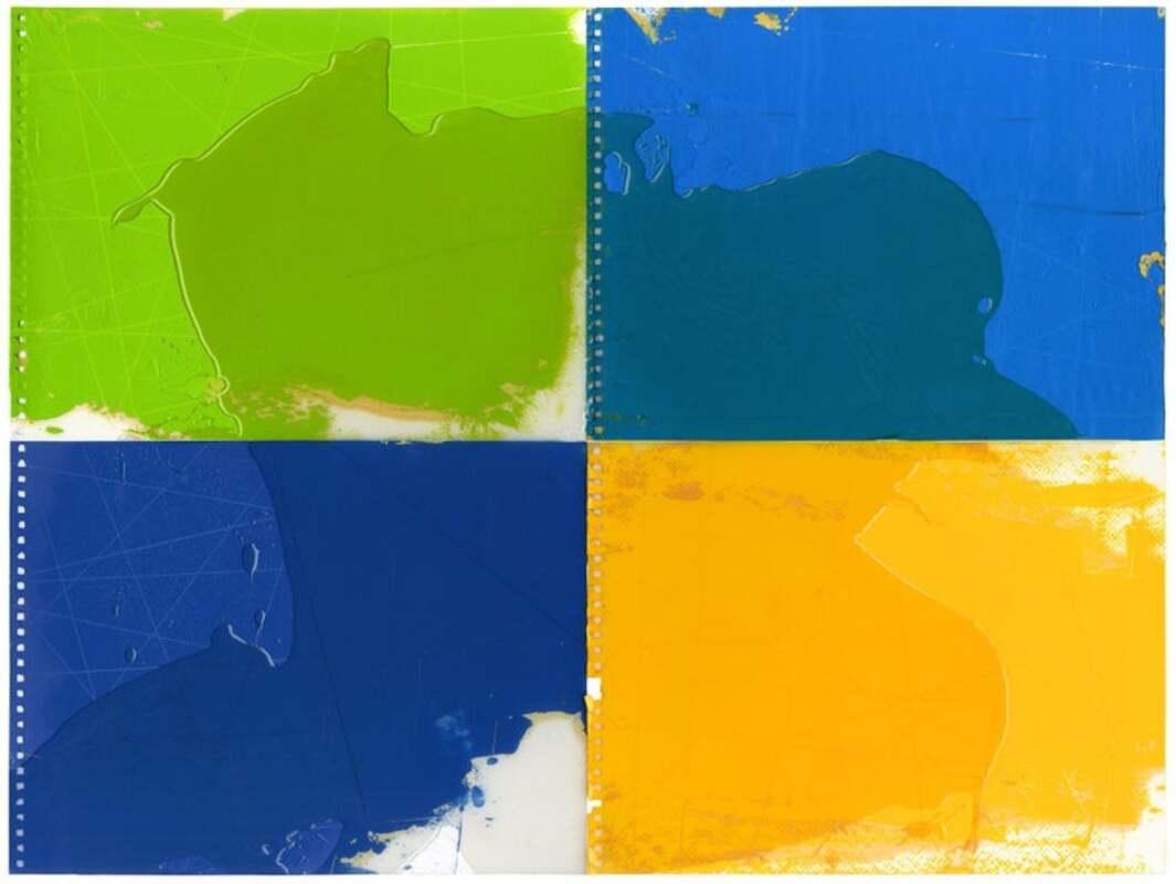 FOUR SCRATCHES Blue Yellow Oil Paper Painting Colorful Abstract Pedro Peña  1