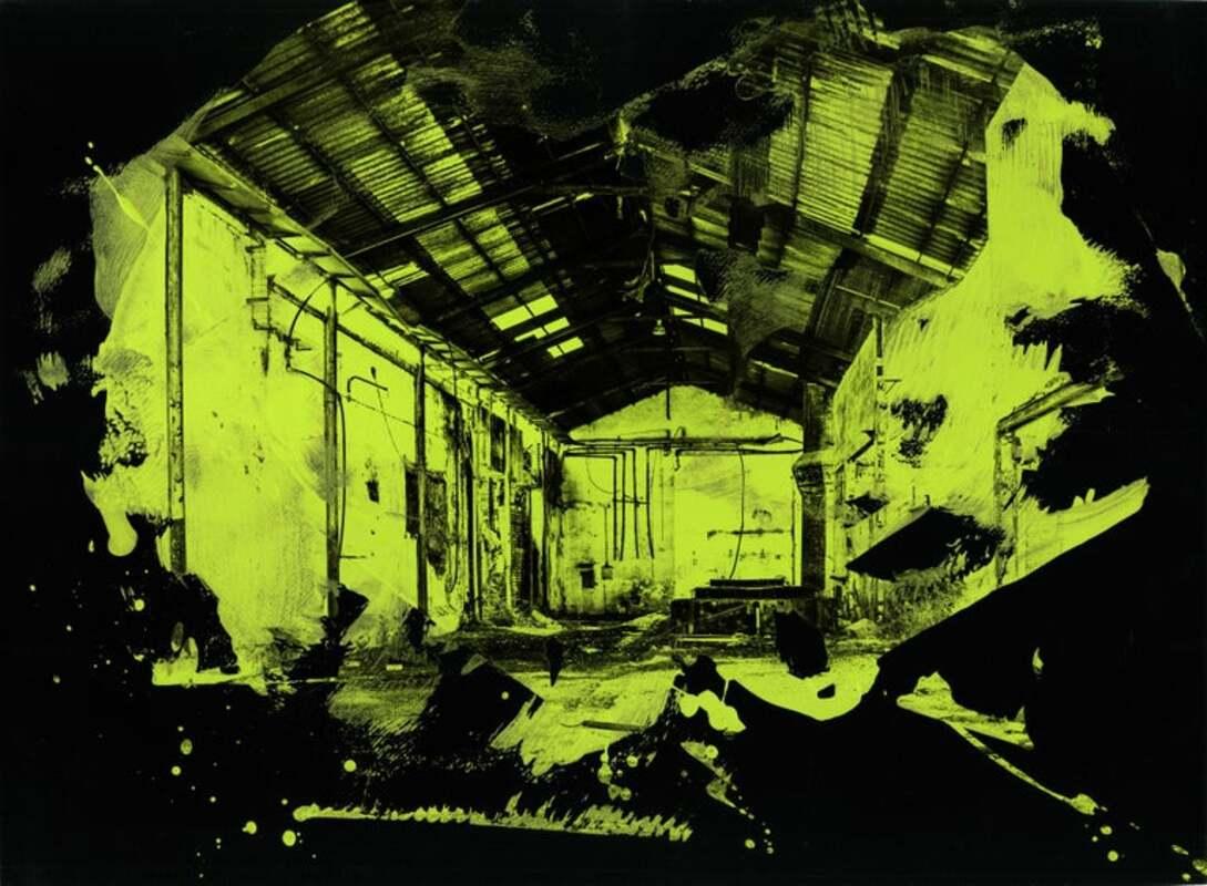 “GREEN STORE II” Black Architecture Abstract Serigraph Painting Pedro Peña  For Sale 1