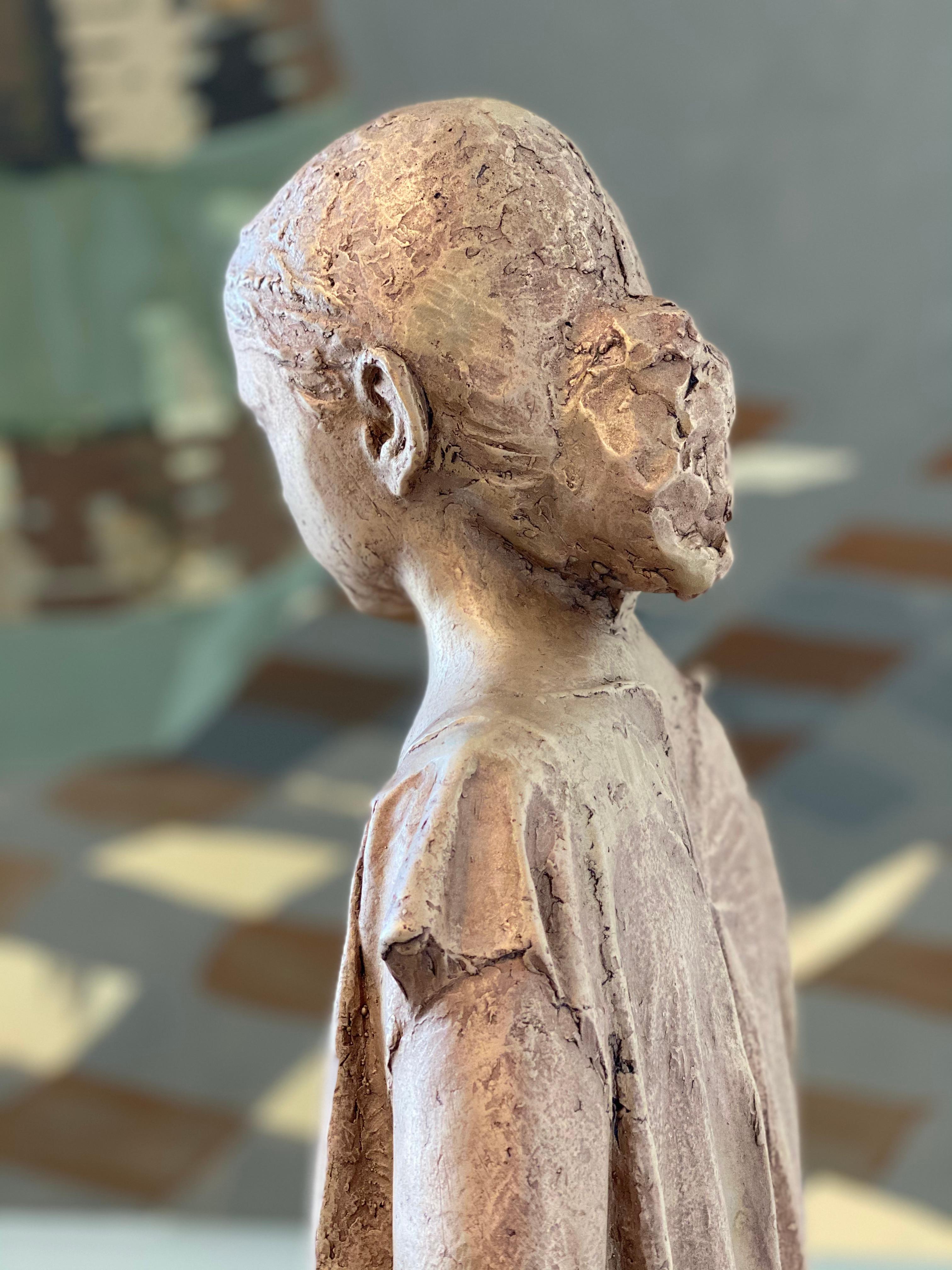 Girl, Walking- 21st Century Bronze Sculpture of a Young Girl in a Dress Walking. - Gold Figurative Sculpture by Pedro Quesada Sierra
