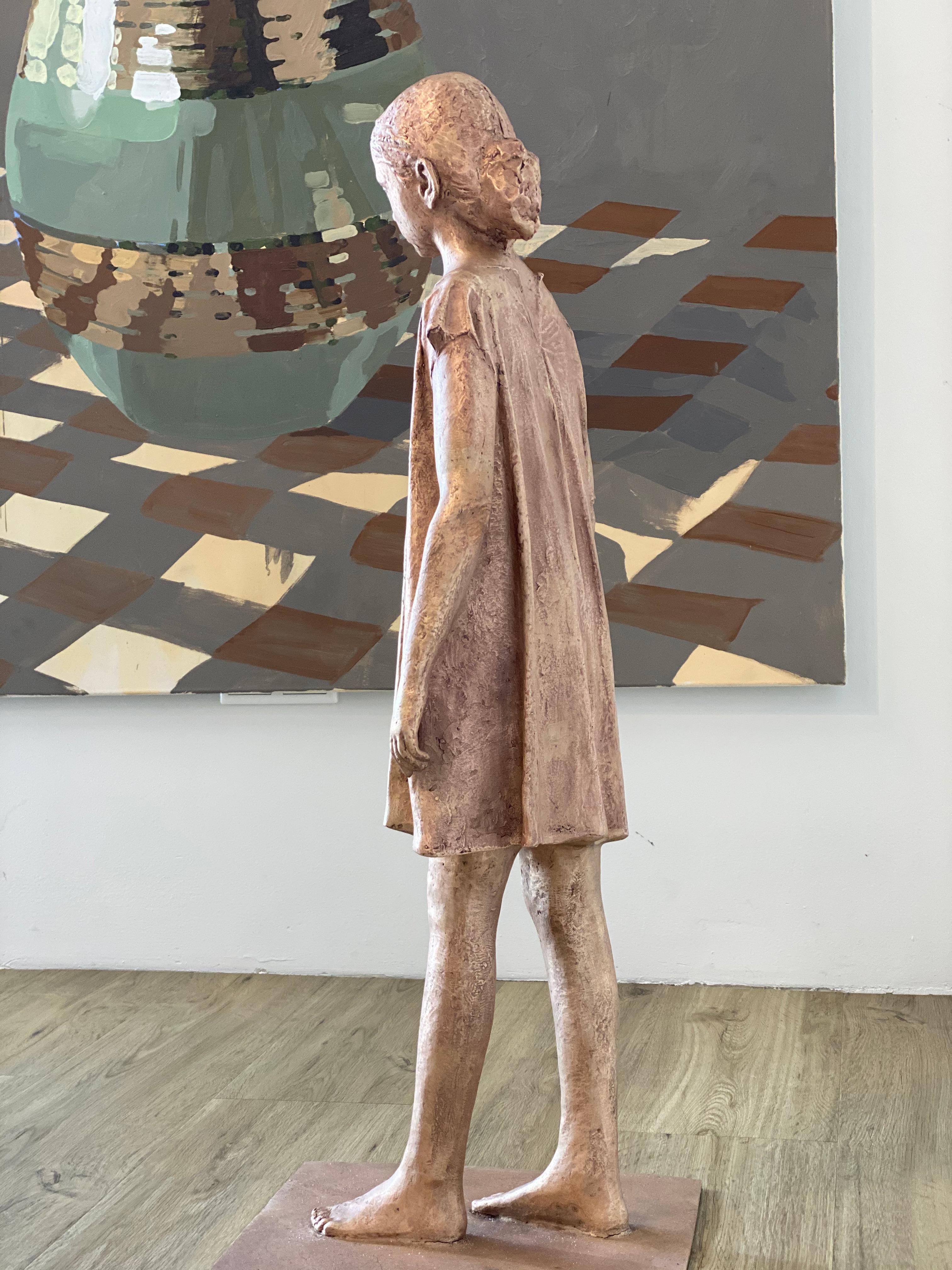 Girl, Walking- 21st Century Bronze Sculpture of a Young Girl in a Dress Walking. For Sale 1