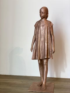 Girl, Walking- 21st Century Bronze Sculpture of a Young Girl in a Dress Walking.