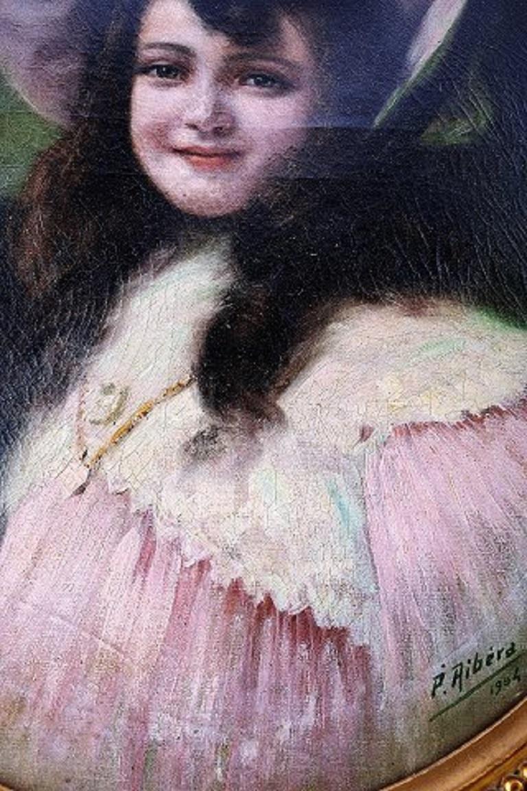 Pedro Ribera Spanish Artist, Oil on Canvas, Portrait of a Girl In Excellent Condition For Sale In Copenhagen, DK