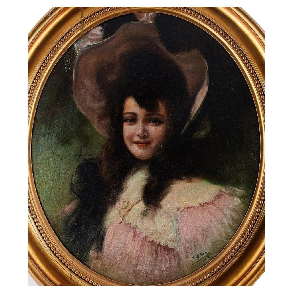Artiste espagnol Pedro Ribera, huile sur toile, portrait d'une fille en vente