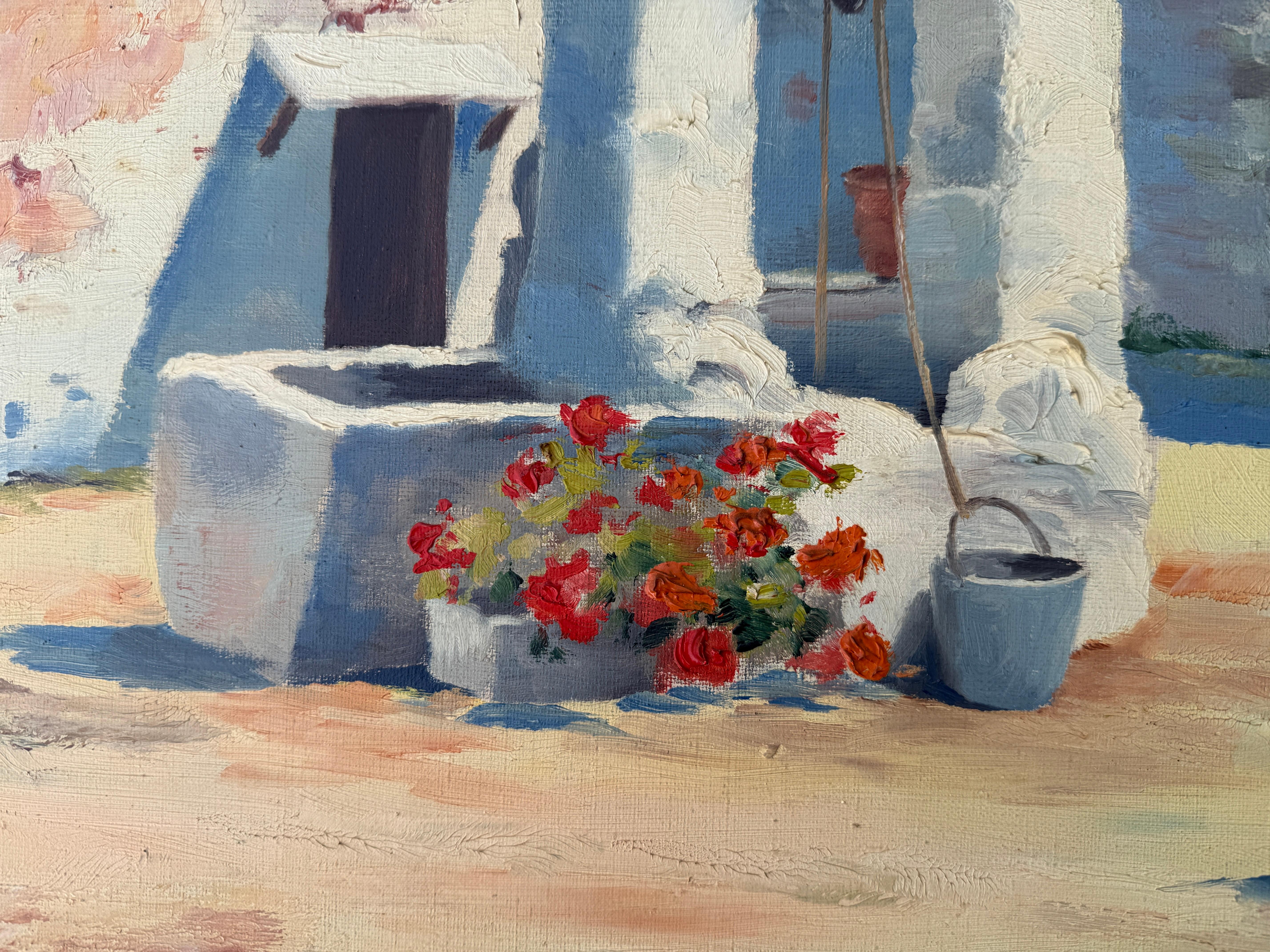 Mediterranes Bauernhaus mit Brunnen Öl auf Leinwand Gemälde Spanien (Moderne), Painting, von Pedro Roldán Molina