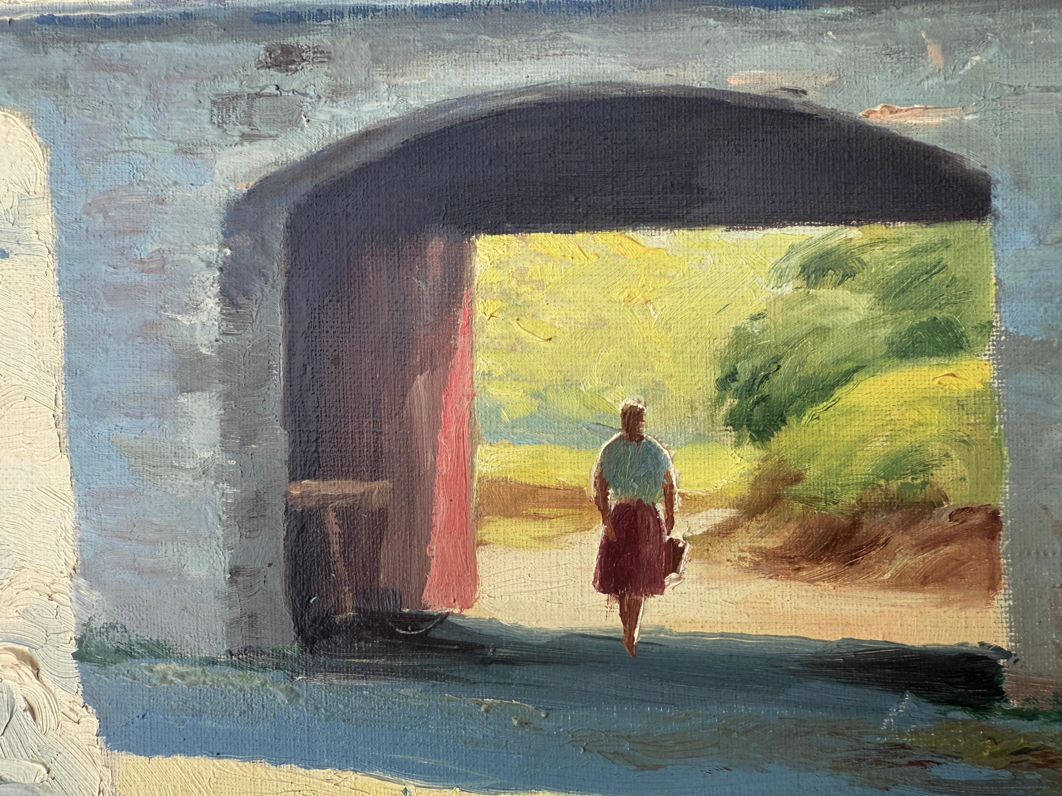 Mediterranes Bauernhaus mit Brunnen Öl auf Leinwand Gemälde Spanien (Grau), Landscape Painting, von Pedro Roldán Molina